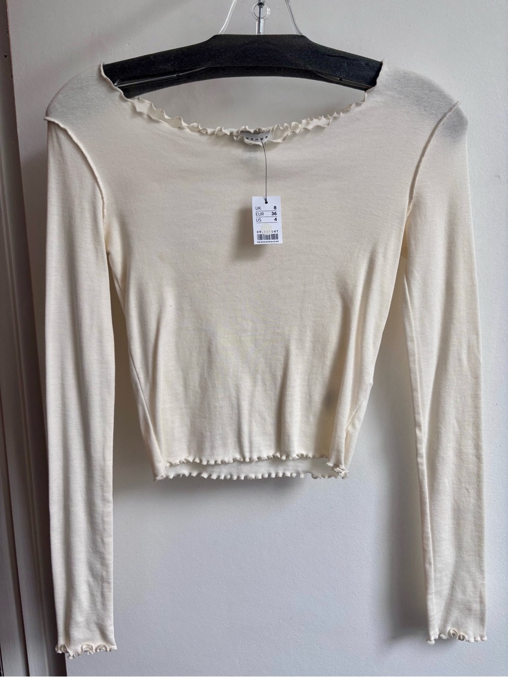 Topshop Cream Ribbed Lettuce-Edge Long Sleeve Crop Top